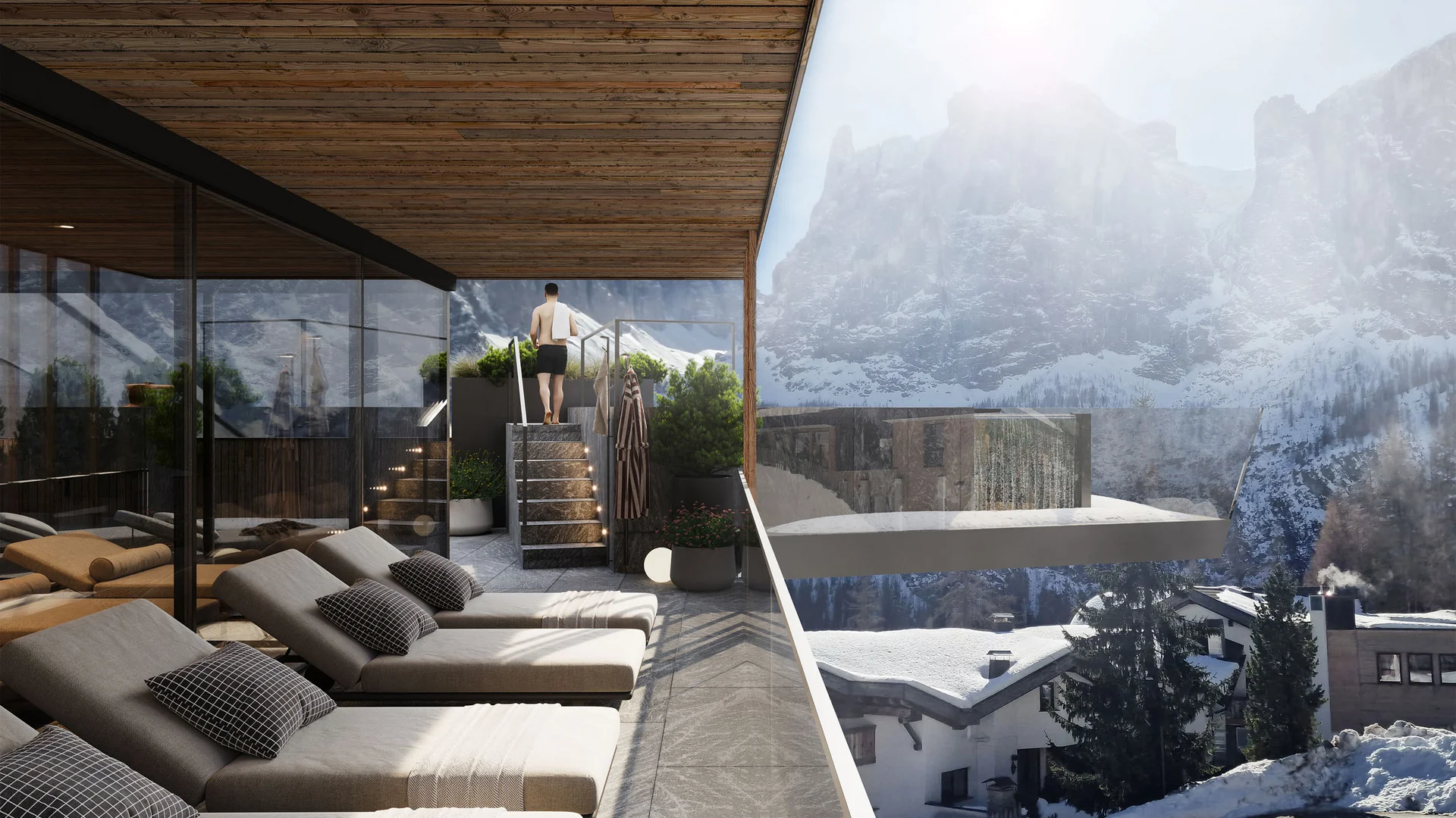 Zuhause auf Zeit im Hotel in Colfosco: Nature Hotel Delta Terrasse mit Liegestühlen und Bergblick im Winter, Person geht Treppe hoch