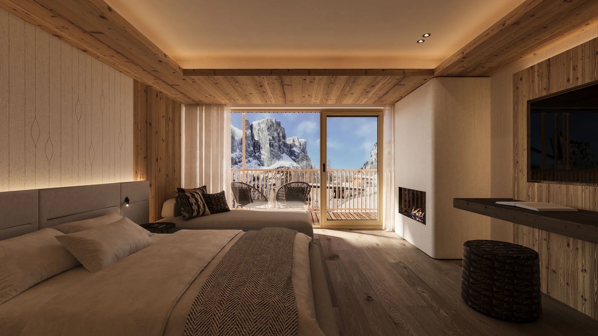 Zuhause auf Zeit im Hotel in Colfosco: Nature Hotel Delta Gemütliches Hotelzimmer mit Holzdecke und Bergblick vom Balkon